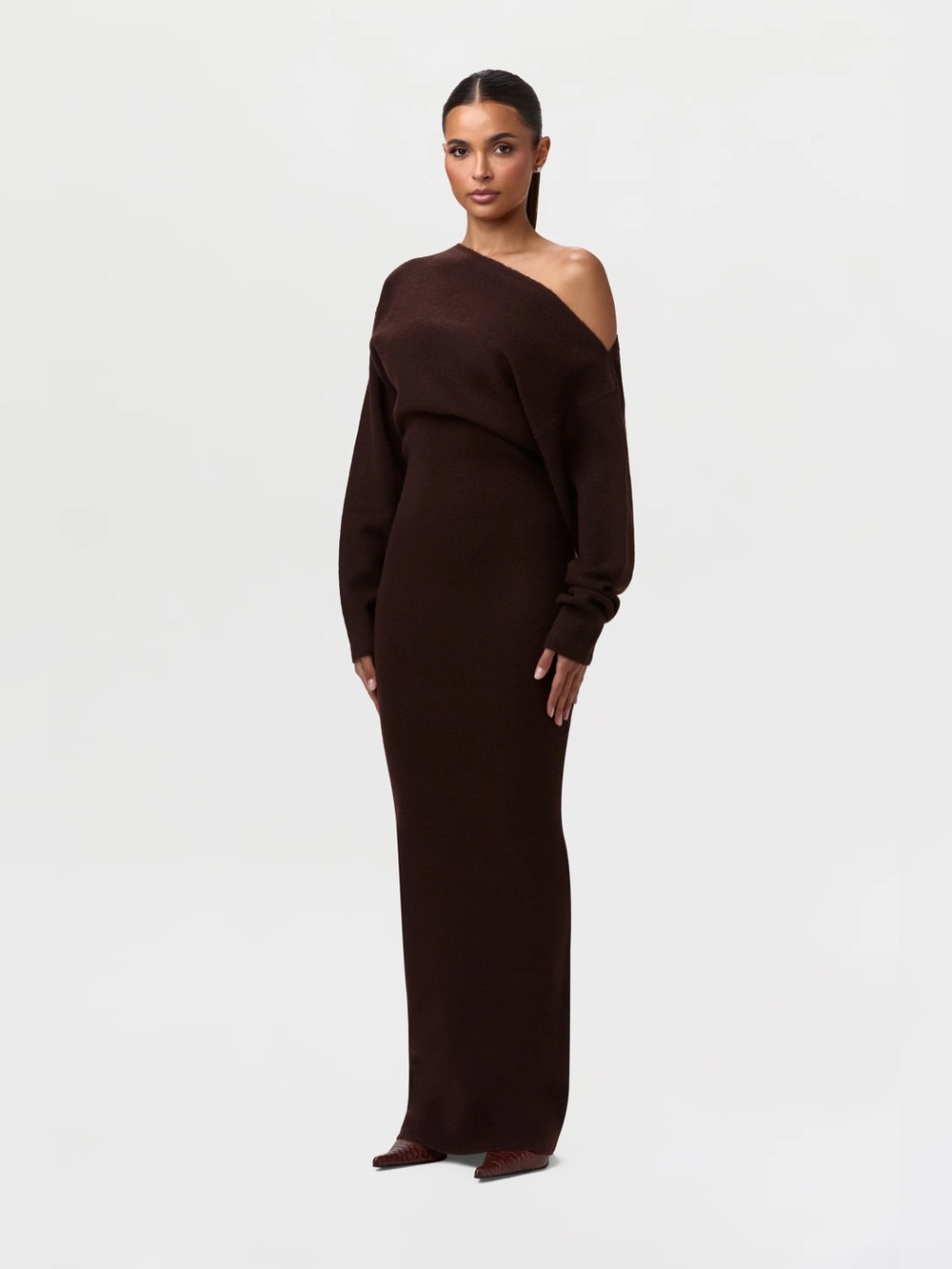 Naked Wardrobe Knit Off-Shoulder Sweater Maxi Dress Espresso
